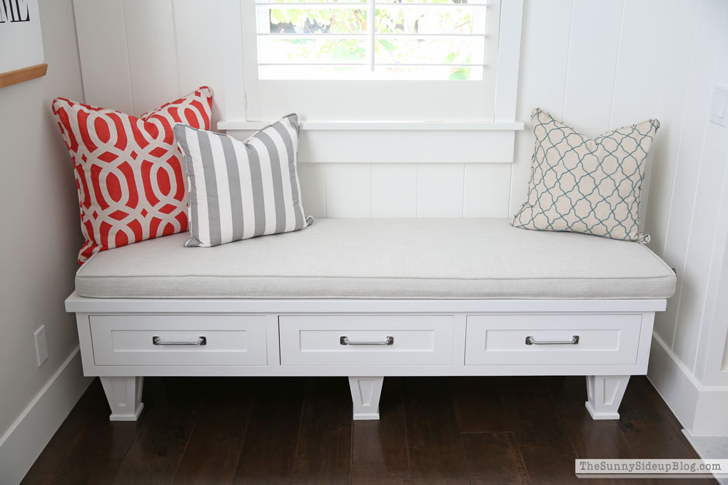 Master Bedroom Reveal! (Sunny Side Up) vaulted shiplap ceiling, plantation shutters, custom window bench seats, linen cabinet, french doors, wood floors, marble fireplace, sitting area, desk work space, spindle chairs.