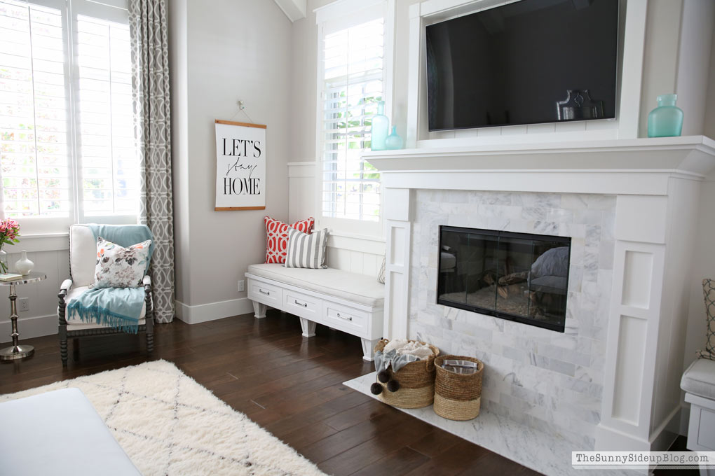 Master Bedroom Reveal! (Sunny Side Up) vaulted shiplap ceiling, plantation shutters, custom window bench seats, linen cabinet, french doors, wood floors, marble fireplace, sitting area, desk work space, spindle chairs.