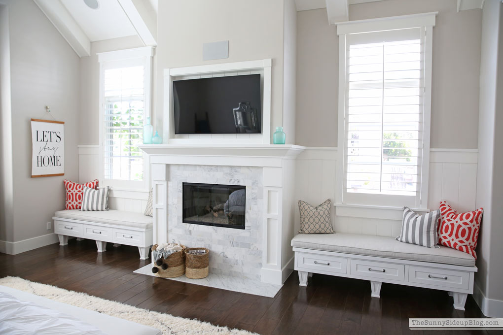 Master Bedroom Reveal! (Sunny Side Up) vaulted shiplap ceiling, plantation shutters, custom window bench seats, linen cabinet, french doors, wood floors, marble fireplace, sitting area, desk work space, spindle chairs.