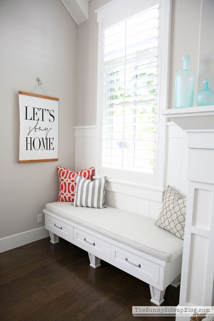 Master Bedroom Reveal! (Sunny Side Up) vaulted shiplap ceiling, plantation shutters, custom window bench seats, linen cabinet, french doors, wood floors, marble fireplace, sitting area, desk work space, spindle chairs.