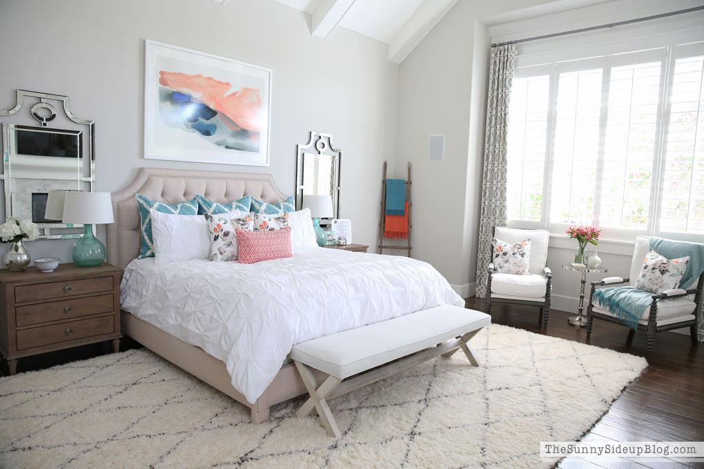 Master Bedroom Reveal! (Sunny Side Up) vaulted shiplap ceiling, plantation shutters, custom window bench seats, linen cabinet, french doors, wood floors, marble fireplace, sitting area, desk work space, spindle chairs.