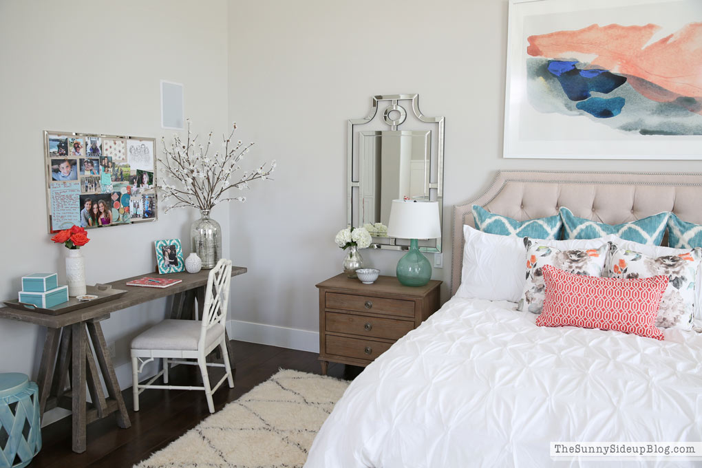 Master Bedroom Reveal! (Sunny Side Up) vaulted shiplap ceiling, plantation shutters, custom window bench seats, linen cabinet, french doors, wood floors, marble fireplace, sitting area, desk work space, spindle chairs.