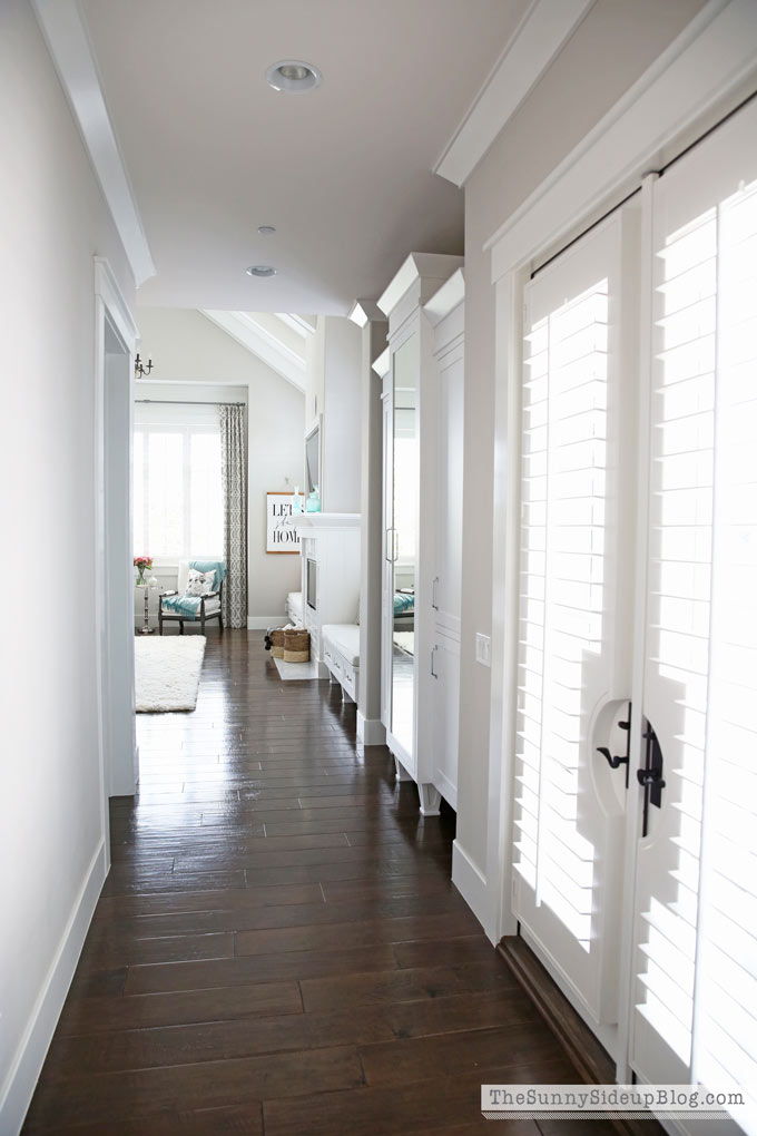 Master Bedroom Reveal! (Sunny Side Up) vaulted shiplap ceiling, plantation shutters, custom window bench seats, linen cabinet, french doors, wood floors, marble fireplace, sitting area, desk work space.