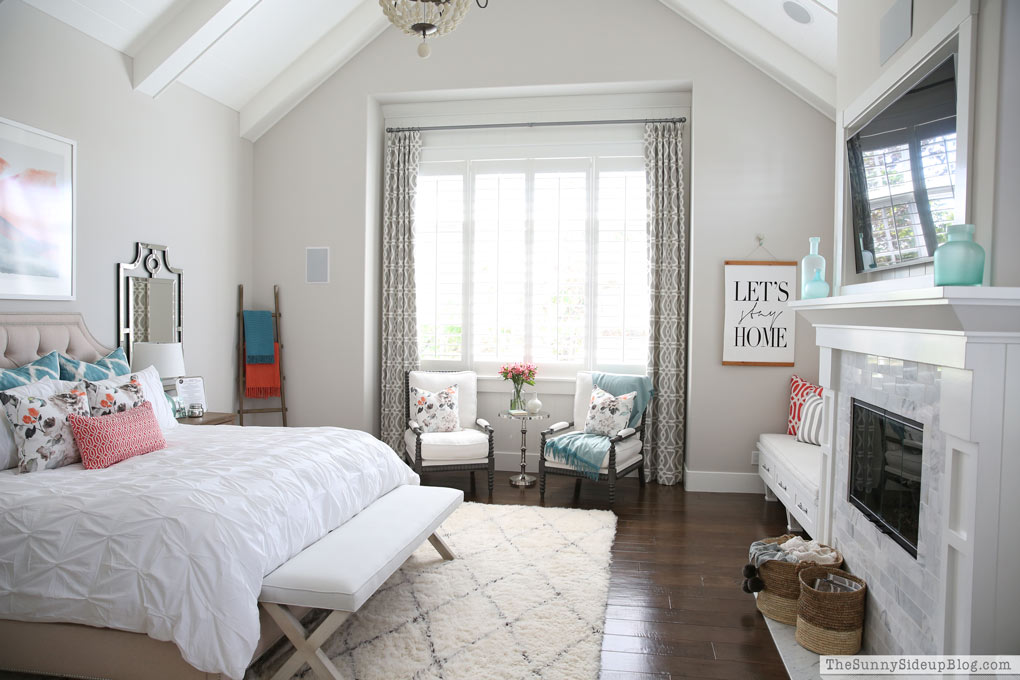 Master Bedroom Reveal! (Sunny Side Up) vaulted shiplap ceiling, plantation shutters, custom window bench seats, linen cabinet, french doors, wood floors, marble fireplace, sitting area, desk work space, spindle chairs.