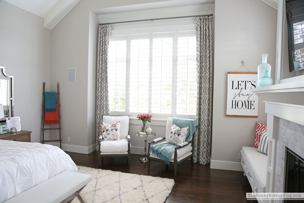 Master Bedroom Reveal! (Sunny Side Up) vaulted shiplap ceiling, plantation shutters, custom window bench seats, linen cabinet, french doors, wood floors, marble fireplace, sitting area, desk work space, spindle chairs.