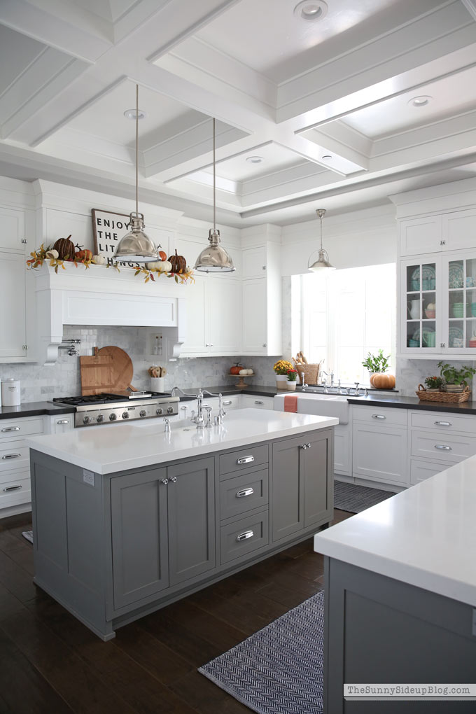 Fall Kitchen Decor (Sunny Side Up) #cofferedceiling #doubleislands 