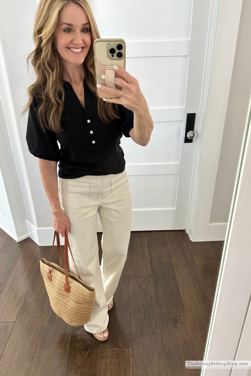 Black Henley Tee with Short Puff Sleeves with woven summer handbag.